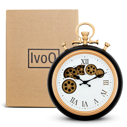 IvoQ Wandklok Retro Zakhorloge Zwart Goud met Bewegende Tandwielen Ø 30 cm