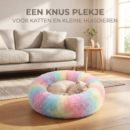 IvoQ Donut Kattenmand – Ø 40 cm – Zacht Pluche Kattenbed voor Katten en Kleine Honden – Regenboog