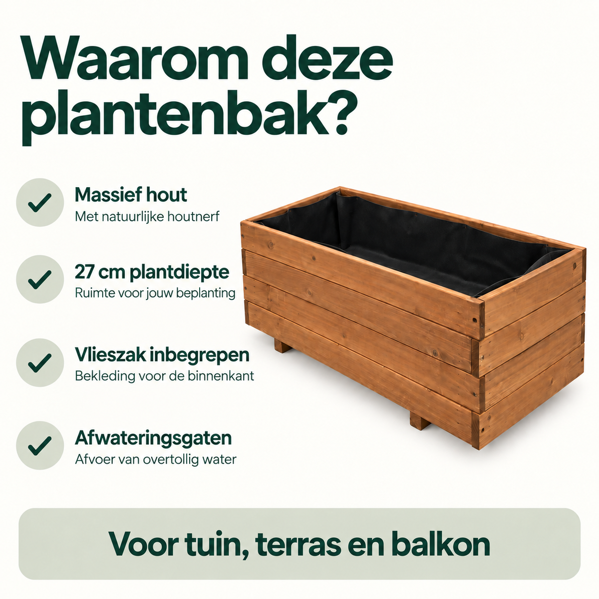 IvoQ Houten Plantenbak – 80 x 40 x 32 cm – FSC Hout – Voor Groenten, Bloemen & Kruiden – Met Drainage en Vlieszak – Voor Tuin & Balkon