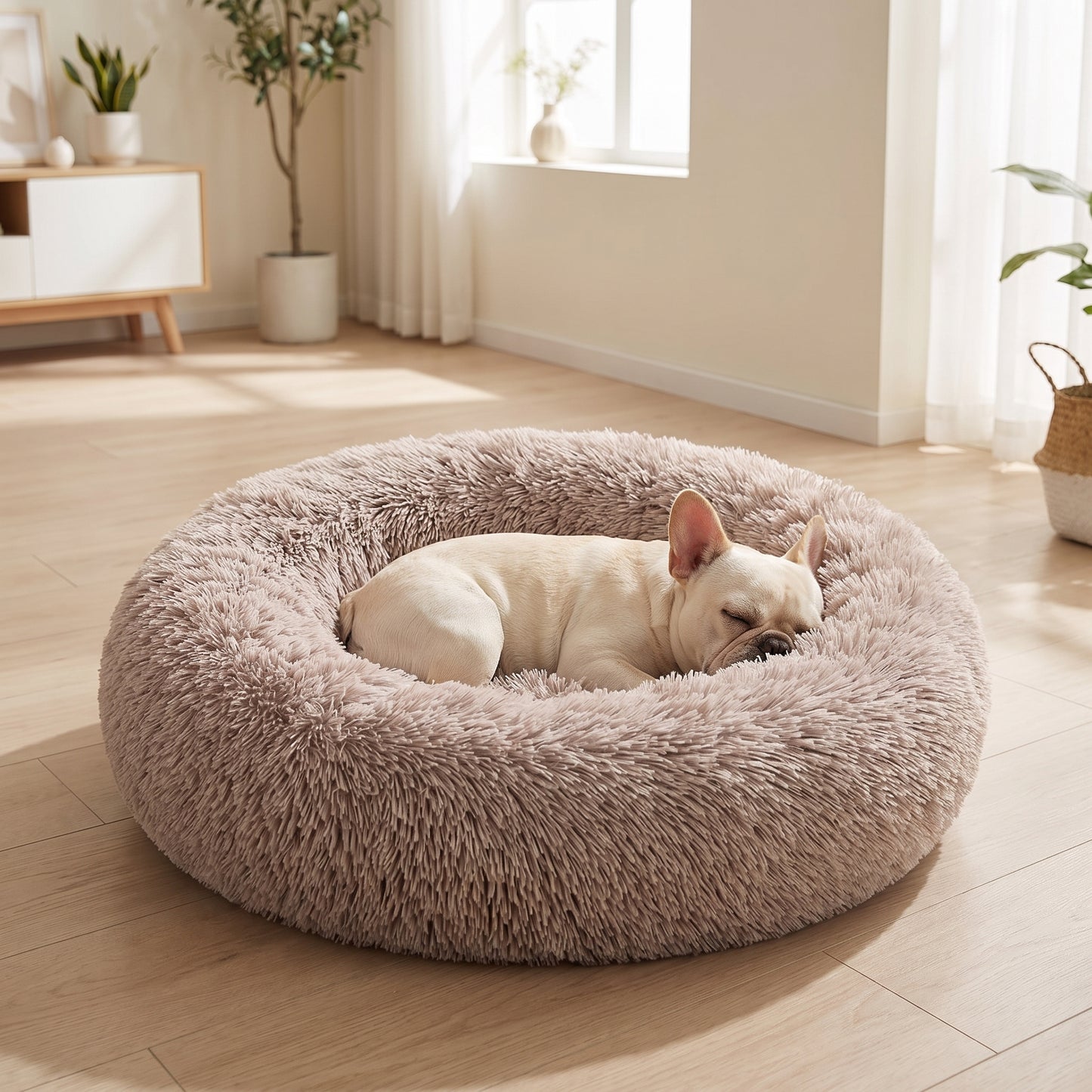 IvoQ Hondenmand Rond Ø 60 cm – Fluffy Donut Hondenbed met Hoge Zachte Rand – Beige – Voor Kleine Honden en Katten