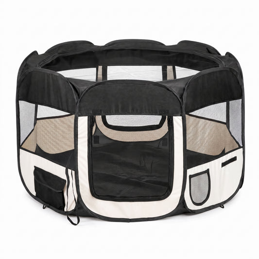 IvoQ Opvouwbare Puppyren met Dak – 114 x 114 x 58 cm – Zwart/Crème