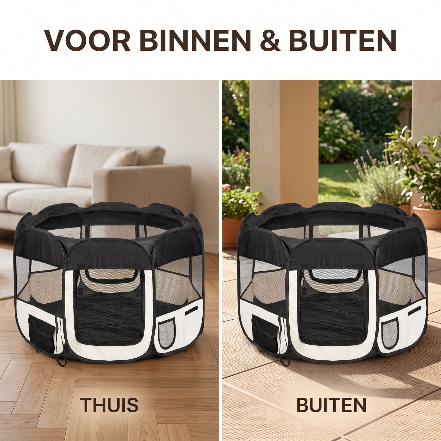 IvoQ Opvouwbare Puppyren met Dak – 114 x 114 x 58 cm – Zwart/Crème