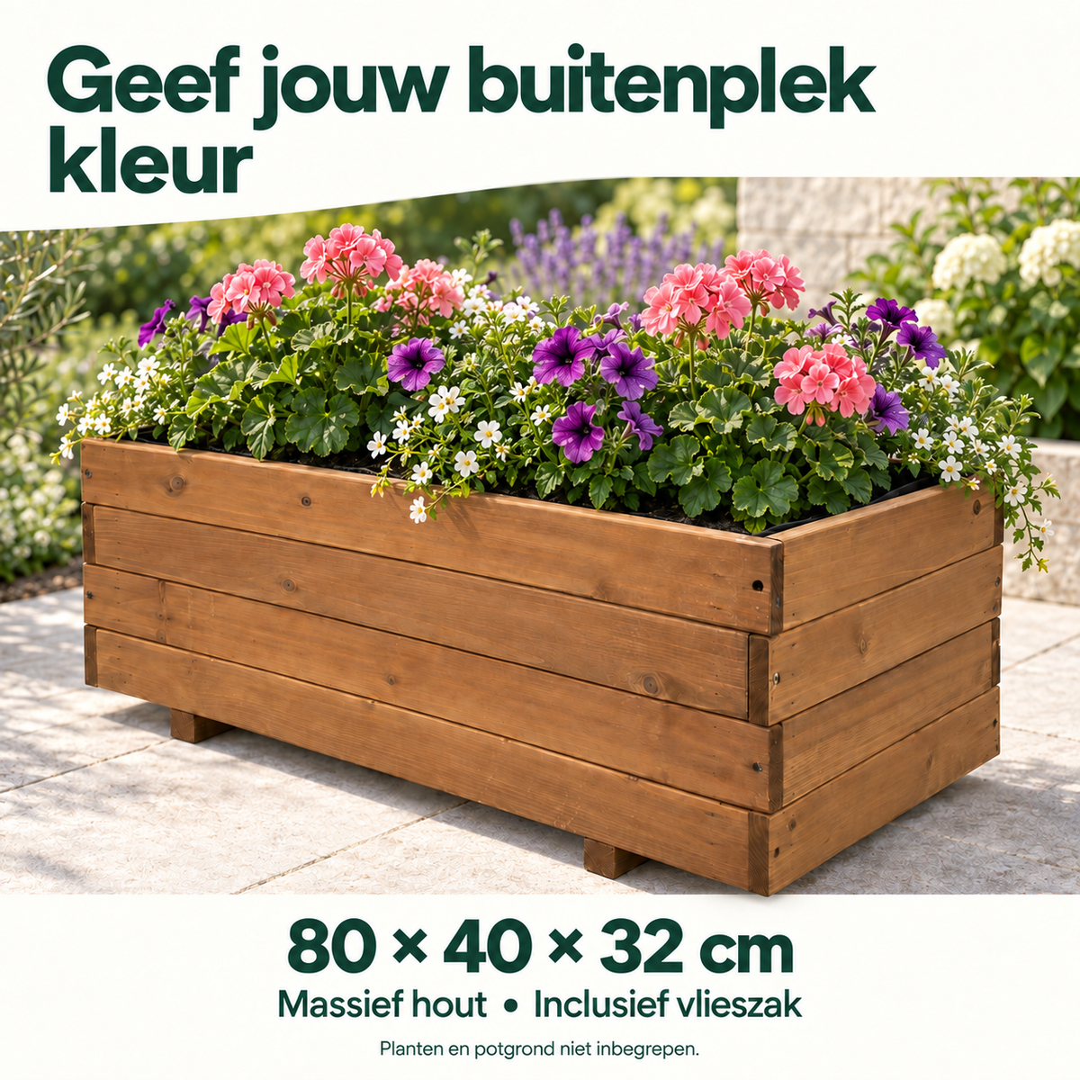 IvoQ Houten Plantenbak – 80 x 40 x 32 cm – FSC Hout – Voor Groenten, Bloemen & Kruiden – Met Drainage en Vlieszak – Voor Tuin & Balkon