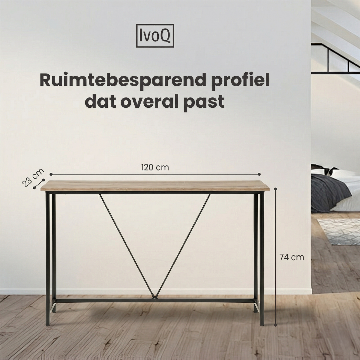 IvoQ Industriële Sidetable - Consoletafel Hout & Metaal - Smalle Haltafel - Eiken Look/Zwart - 120x23x74 cm