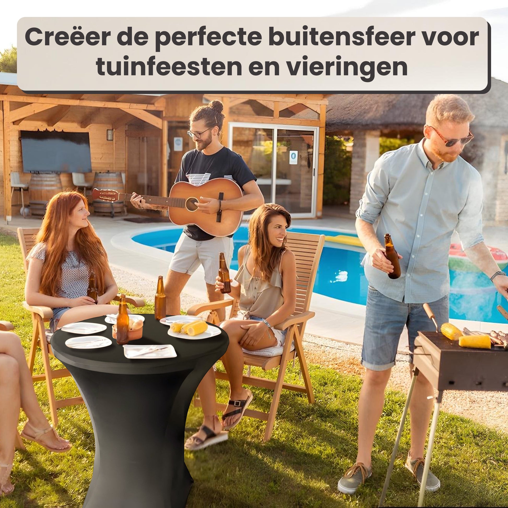 IvoQ Statafel Zwart – Inclusief Zwarte Stretchhoes – Ø80 cm x 110 cm – Opvouwbaar – Partytafel voor Feest, Tuin & Event