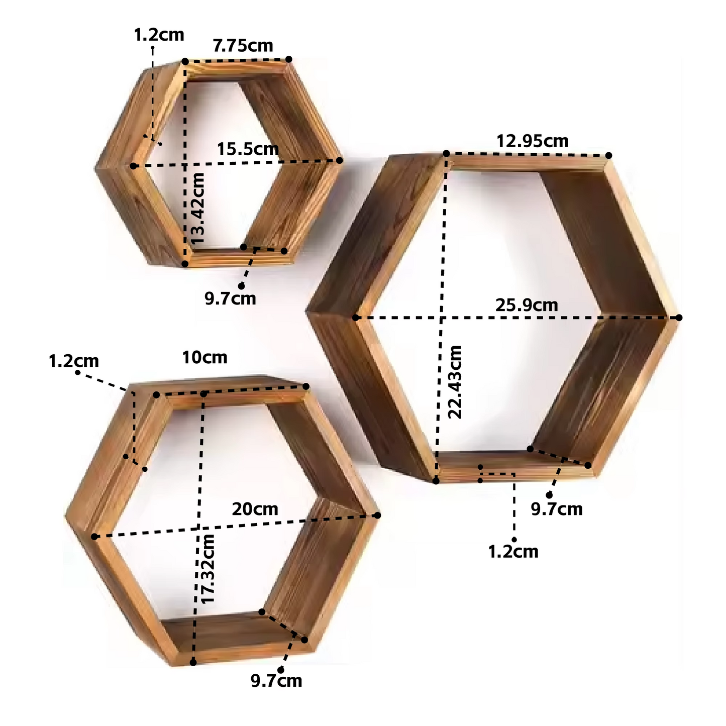 IvoQ Set van 3 Houten Hexagon Wandplanken - Decoratieve Wandplanken - Perfect voor Woonkamer, Slaapkamer & Meer!