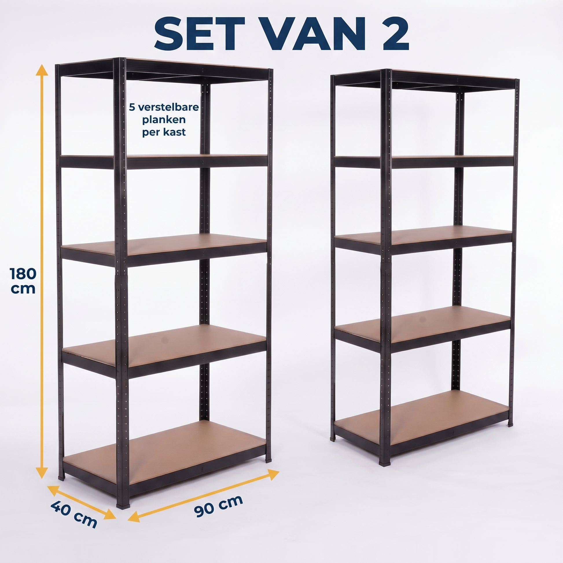 IvoQ Stellingkast Set van 2 – 180 x 90 x 40 cm – 175 kg per Plank – 5 Verstelbare MDF Planken – Zwart