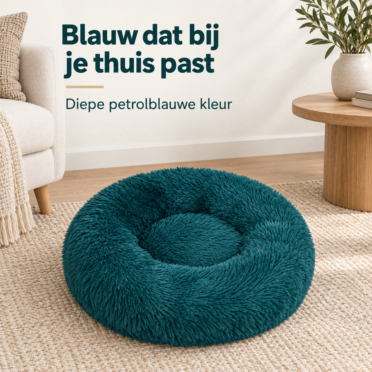 IvoQ Hondenmand Donut - Kattenmand - Zacht Pluche - Verhoogde Rand - Ø 50 cm - Petrolblauw