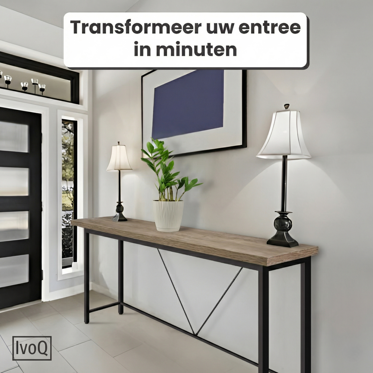 IvoQ Industriële Sidetable - Consoletafel Hout & Metaal - Smalle Haltafel - Eiken Look/Zwart - 120x23x74 cm
