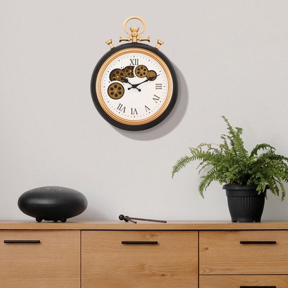 IvoQ Wandklok Retro Zakhorloge Zwart Goud met Bewegende Tandwielen Ø 30 cm