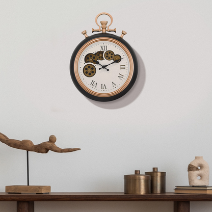 IvoQ Wandklok Retro Zakhorloge Zwart Goud met Bewegende Tandwielen Ø 30 cm