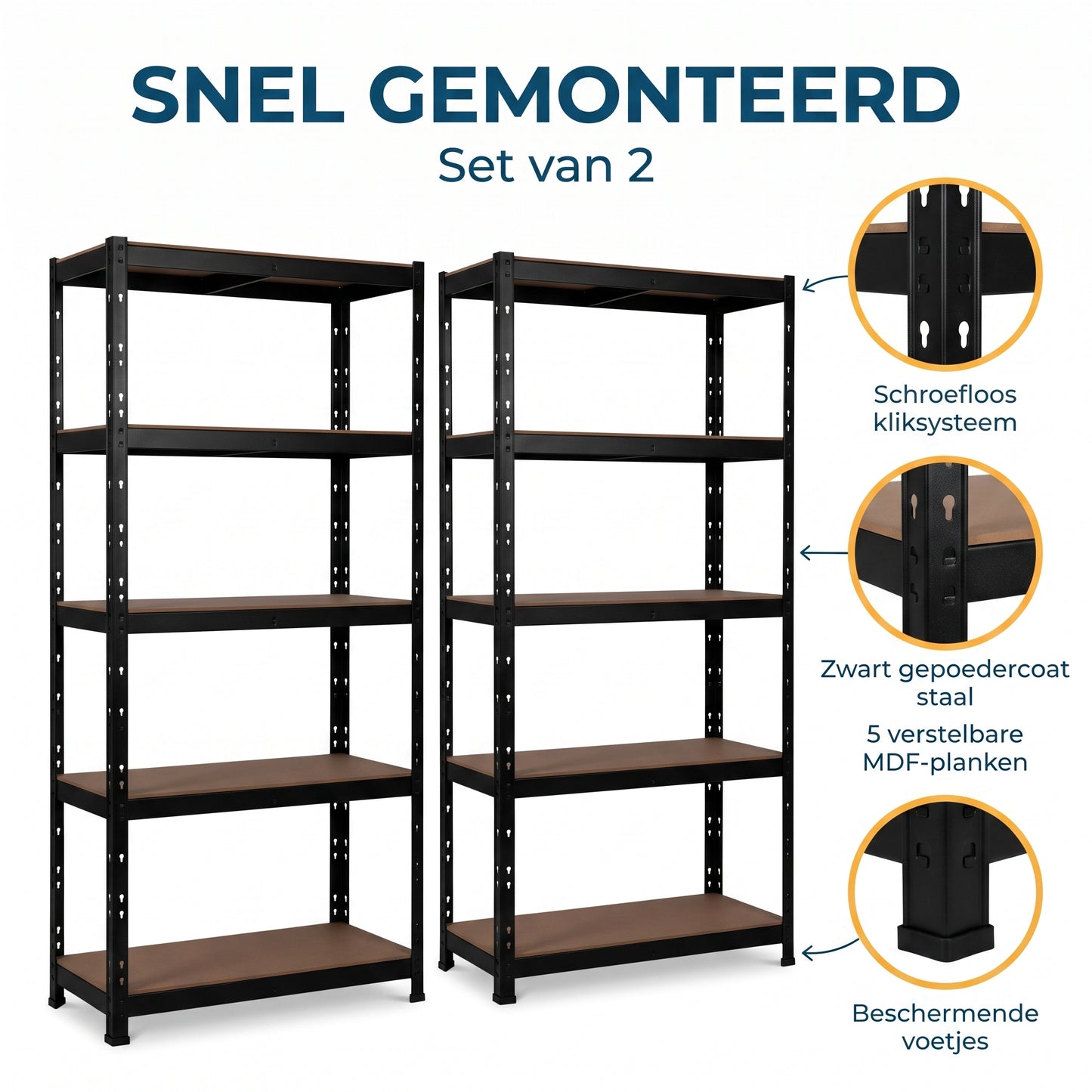 IvoQ Stellingkast Set van 2 – 180 x 90 x 40 cm – 175 kg per Plank – 5 Verstelbare MDF Planken – Zwart