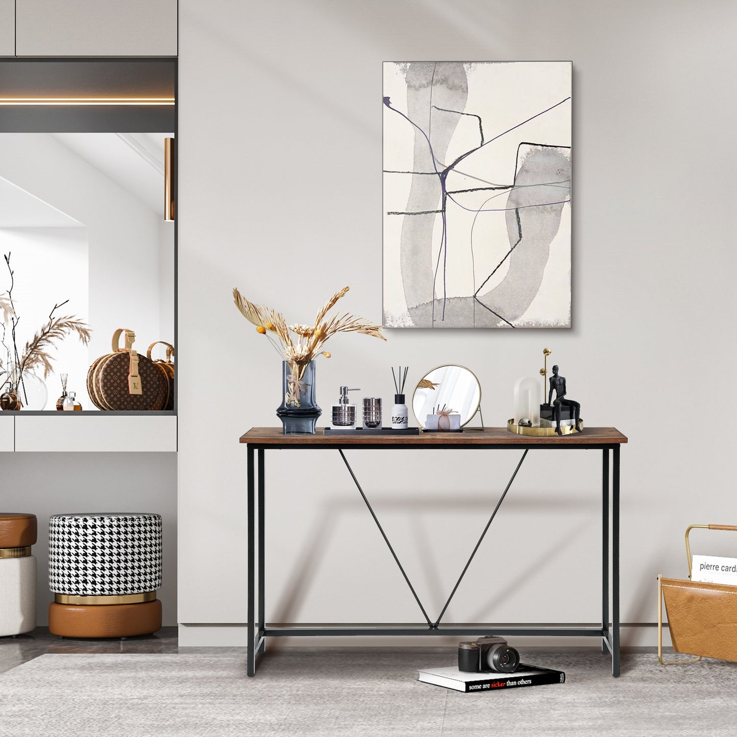 IvoQ Industriële Sidetable – Hout & Metaal – Wandtafel – Ideaal voor Kleine Ruimtes – Woonkamer & Hal – Stijlvolle Console Tafel