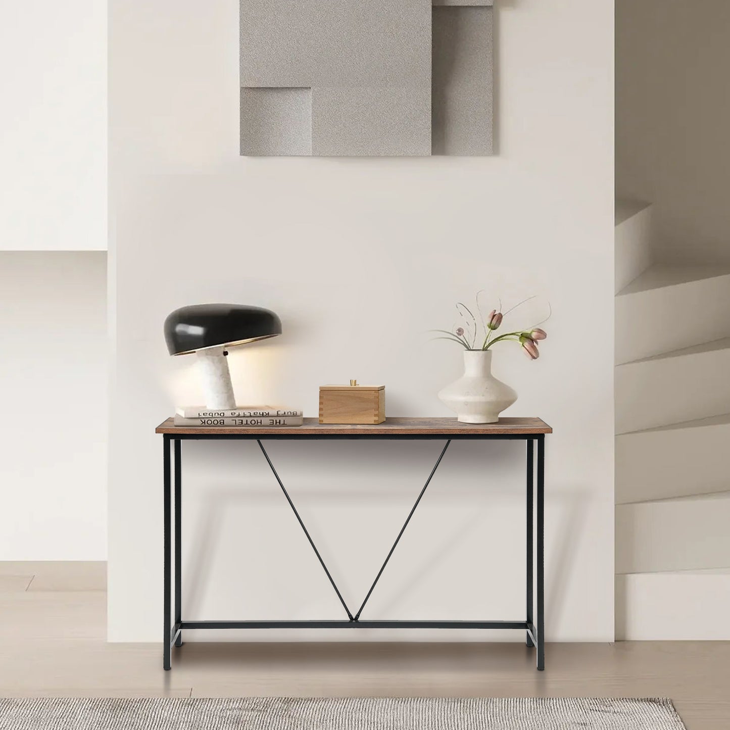 IvoQ Industriële Sidetable – Hout & Metaal – Wandtafel – Ideaal voor Kleine Ruimtes – Woonkamer & Hal – Stijlvolle Console Tafel